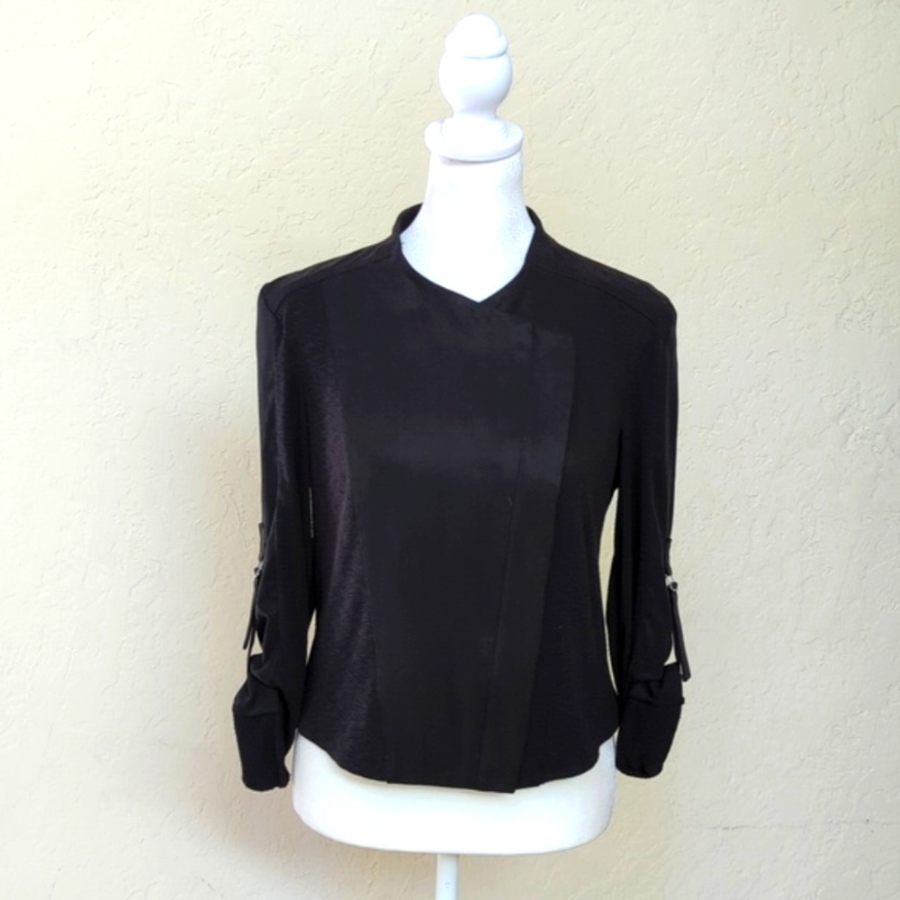Rachel Rachel Roy Black Mixed Media Moto Style Cropped Jacket Size Medium - Picture 4 of 12